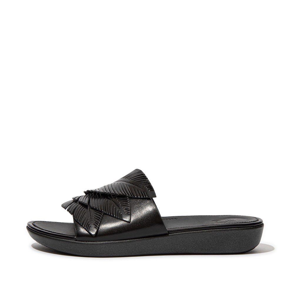 Fitflop Womens Slides Black - Sola Feather Metallic Leather - MV3410578